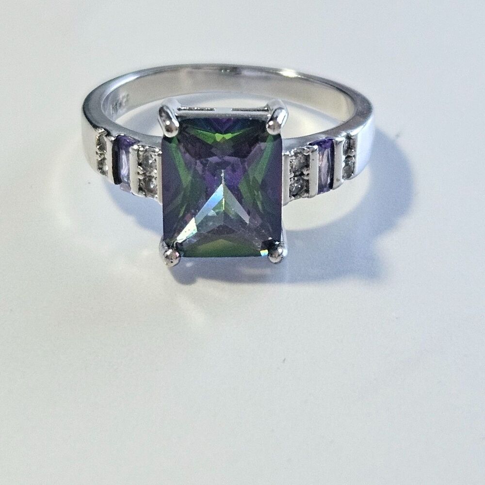 18K White Gold Plated Mystic Rainbow Rhinestone Ring Size 8
